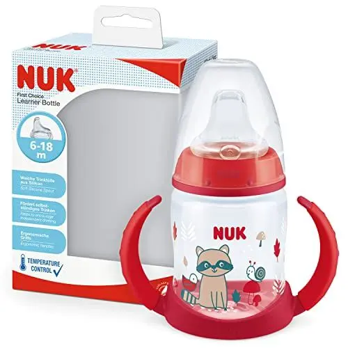 Produktbild: NUK First Choice+ Trinklernflasche 6–18 Monate 150 ml Temperature Control Anzeige auslaufsichere Trinkschnabel Ergonomische Griffe BPA-frei Waschbär rot