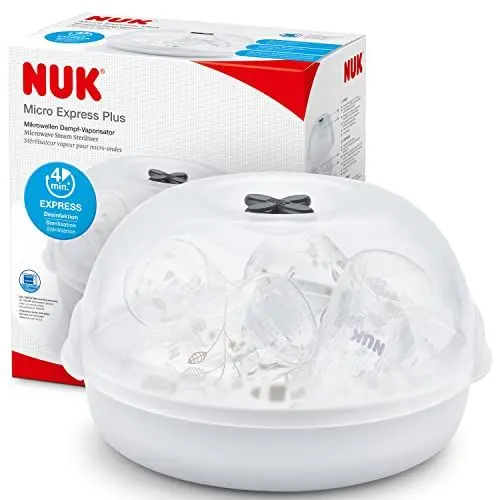 Produktbild: NUK Micro Express Plus Mikrowellen-Sterilisator für Flaschen | sterilisiert bis zu 4 Babyflaschen plus Zubehör in 4 Minuten | passt in die meisten Mikrowellen | inklusive Flaschenzange