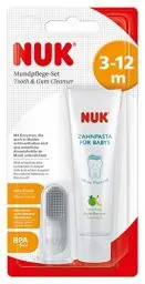 Produktbild: NUK Mundpflege-Set mit Baby-Zahnpasta und natürlichem Apfel-Banane Geschmack, incl. Fingerzahnbürste, BPA frei, ohne Fluorid, 1 Stück