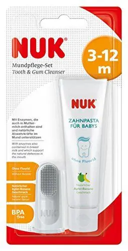 Produktbild: NUK Mundpflege-Set mit Baby-Zahnpasta und natürlichem Apfel-Banane Geschmack, incl. Fingerzahnbürste, BPA frei, ohne Fluorid, 1 Stück