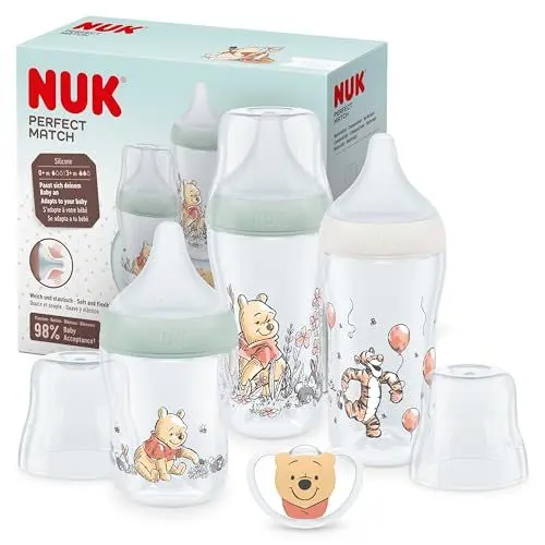 Produktbild: NUK Perfect Match Babyflaschenset | Ab 0 Monate | Passt sich dem Baby an | 3 Anti-Colic-Babyflaschen und Space-Schnuller | BPA-frei | Disneys Winnie Puuh | 4 Stück