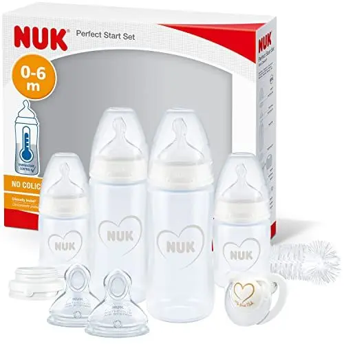 Produktbild: NUK Perfect Start First Choice+ Babyflaschen-Set | 0–6 Monate | 4 x Flaschen mit Temperaturkontrolle, Schnuller, Flaschenbürste & mehr | BPA-frei | grau & weiß | 10-teilig