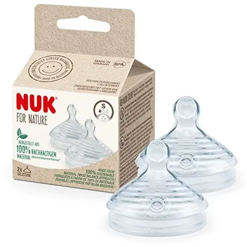 Produktbild: NUK for Nature Ersatz Silikon Trinksauger für Babyflasche | Klein (0−6 Monate) | Der Mutterbrust nachempfunden | Anti-Colic-Ventil | Nachhaltige und BPA-freie Materialien | 2 Stück