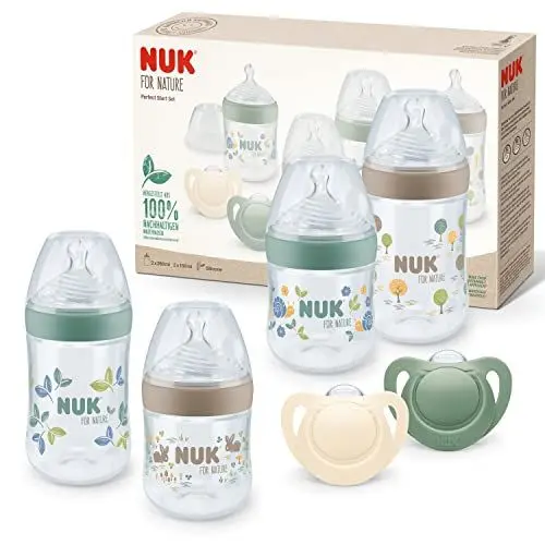 Produktbild: NUK for Nature Perfect Start Set Babyflasche und Schnuller | 0−6 Monate | 100 % natürliche Rohstoffe | 4 x Flaschen (150 ml + 260 ml) | 2 x Schnuller aus Silikon | BPA-frei | 6 Stück