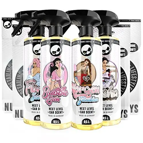 Produktbild: Nuke Guys Car Scents - Auto Duft Spray - Dufte Vierer Set - 4 x 500ml Autoparfüm - 1x Sweet Geisha, 1x Bubblegum, 1x Morgenständchen, 1x Flores Scent - Lufterfrischer, Autoduft + Anhänger