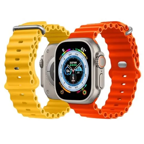 Produktbild: NUKELOLO 2 Stück Ocean Armband Kompatibel mit Apple Watch Ultra 49mm 46mm 45mm 44mm 42mm 41mm 40mm 38mm, Soft Silikon Sport Armband für iwatch Series 10 Ultra 9 8 7 6 5 4 3 2 1 SE, Gelb/Orange