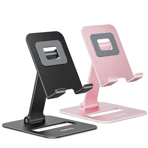 Produktbild: Nulaxy 2 Stück Dual Faltbarer Handyständer, Voll Verstellbarer Handyhalter für den Schreibtisch, Kompatibel mit Phone 16 15 14 13 12 11, Allen Handys, Schwarz & Roségold
