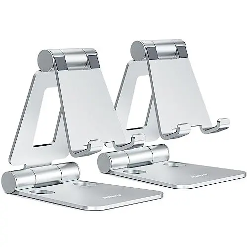 Produktbild: NULAXY Dual Faltbarer Handy Ständer 2 Stück Verstellbar Handy Halterung Halter für Schreibtisch Kompatibel mit iPhone 16 15 14 13 12 11 Pro Xs Max Xr X 8, Huawei, Galaxy, alle Handys, Silber & Silber