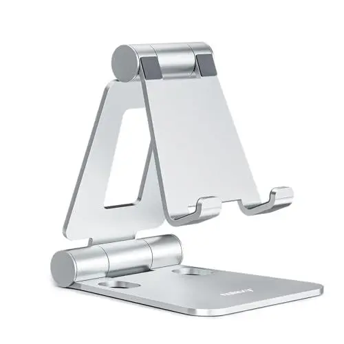 Produktbild: NULAXY Verstellbar Handy Ständer Tisch: Faltbarer Handy Halterung Halter Aluminium Phone Stand für Schreibtisch Kompatibel mit iPhone 16 15 14 13 12 11 Pro Max Xs Xr X 8, Galaxy, alle Handys - Silber