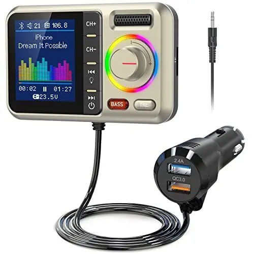 Produktbild: Nulaxy Auto FM Transmitter Bluetooth 5.0 mit großem Farbbildschirm, Unterstützung Freisprecheinrichtung, Siri&Google, MP3-Musikspieler BASS&TRE Booster, TF-Karte/AUX-KM28 Gelb