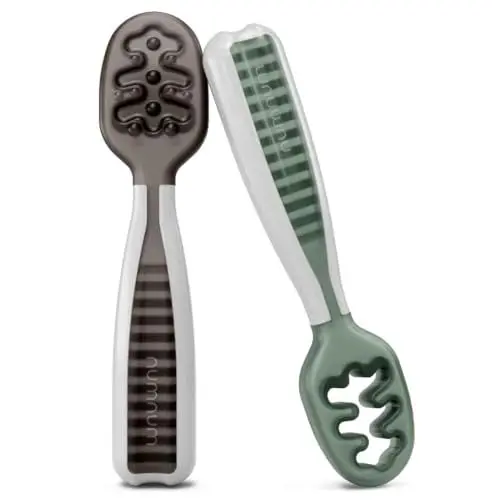 Produktbild: NumNum Baby Löffel 2er-Set, Silikon Esslernlöffel für Baby ab 6 Monate - BPA-frei - Lernlöffel und Breilöffel für BLW und Beikost Zubehör - Ideales Esslernbesteck - Grau/Grün