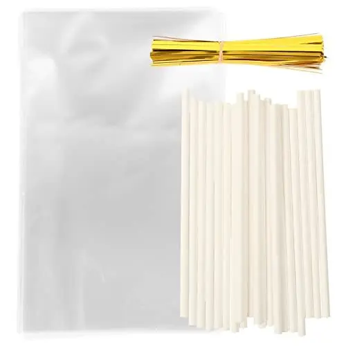 Produktbild: NUOBESTY 100sätze Handgemachte Lutscher Verpackungsbeutel Mit Papierstäbchen Und Goldfäden Aufbewahrung Für Süßigkeiten Snacks Und Mitgebsel Für Kindergeburtstage Und