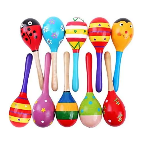 Produktbild: NUOBESTY 10 Stück Holz Fiesta Maracas Niedlichen Tier Muster Hand Glocke Baby Quietscher Sand Hammer Spielzeug für Mexikanische Fiesta Musikalische Party Gunst (Zufällige Farbe)