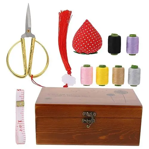 Produktbild: NUOBESTY Retro Massivholz Kiefer Große Kapazität Handarbeit Aufbewahrungsbox Hand Nähen Zubehör Kit Horn Lock Nähwerkzeuge