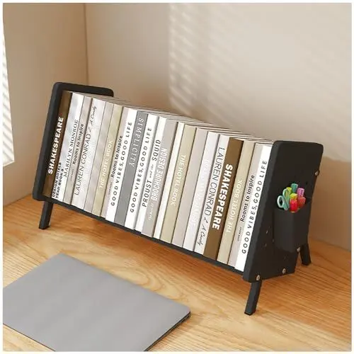 Produktbild: NUODWELL Kinder-Bücherregal, Metallrahmen, Buch-Organizer, Schreibtisch, Kinder-Bücherregal, Aufbewahrungsregal für Zuhause, Wohnheim, Schule (schwarz, 40 cm lang mit Stifthalter + Taschentuchbox)