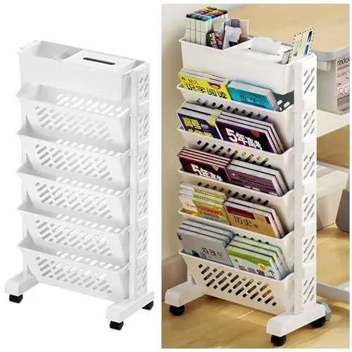 Produktbild: NUODWELL Mobiles Bücherregal mit Rollen, mehrlagiges Schreibtisch-Bücherregal, drehbares Rollregal, Organisationsregal für Schule, Klassenzimmer, Zuhause (6 Etagen)