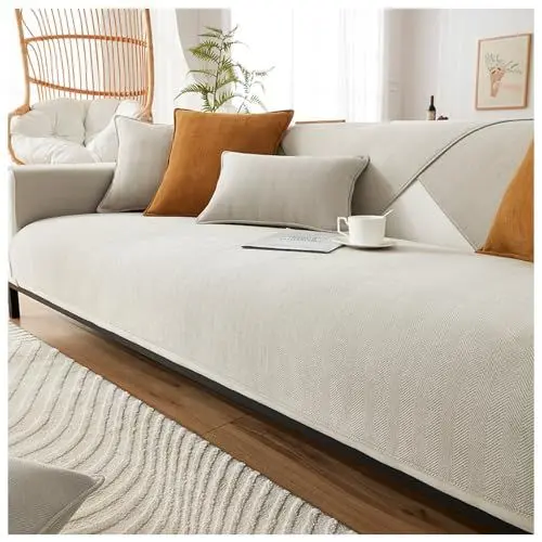 Produktbild: NUODWELL Sofabezug mit Fischgrätenmuster, Chenille, 1/2/3/4 Sitzer, Möbelschutz Couchbezug, universal, rutschfest, L-Form, Couchbezug, gesteppte Eckenschonbezüge für Wohnzimmer (Beige, 90 x 180 cm)
