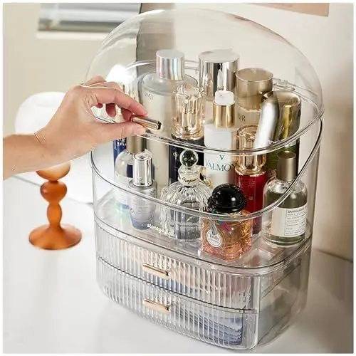 Produktbild: NUODWELL Transparenter Make-up Organizer, Staubdichte Kosmetik Aufbewahrungsbox mit Deckel und Schubladen, Hautpflege Organizer Beauty Caddy für Schminktisch Schlafzimmer Badezimmer (Transparenz)