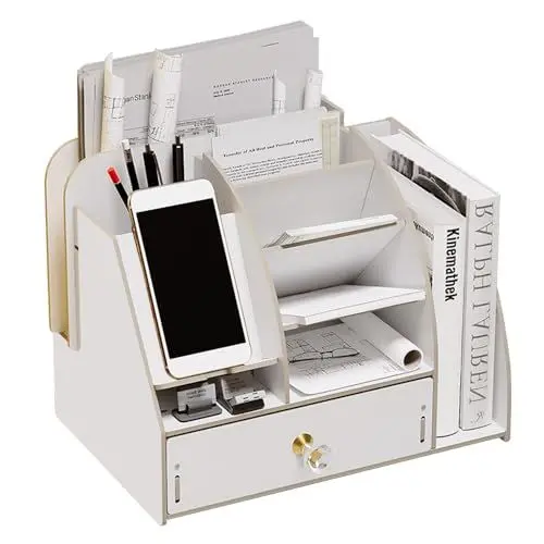 Produktbild: NUODWELL Upgrade Schreibtisch-Organizer aus Holz mit Handy-Dockingstation, Schreibtisch-Aufbewahrungs-Organizer mit Schublade und Bücherregal, Stifthalter, Aufbewahrungsbox, Schreibtischzubehör (B20-1