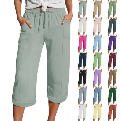 Produktbild: Nuoke Caprihose Damen Sommer, Musselin Kurze Hose Damen 2025 Sommer Leinen Shorts Beach Hosen Sommerhose Leicht Stoffhose Kleid Leinenhose Bluse, Silber 4XL
