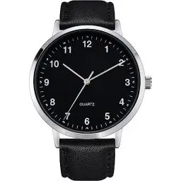Produktbild: NUOVO Herrenuhr 42mm Klassische Analoge Quarzuhr Midnight Black Zifferblatt mit 12 arabischen Ziffer Legierungsgehäuse Schwarzes Lederarmband