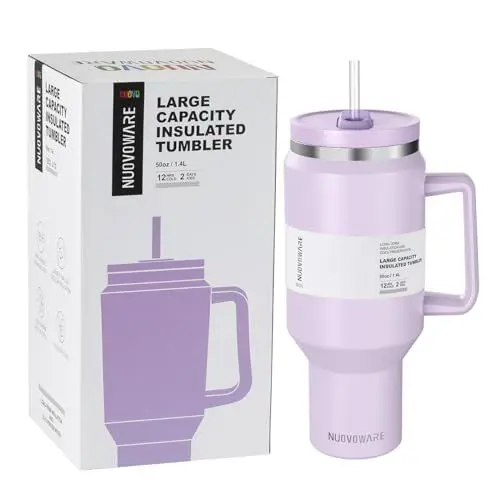 Produktbild: Nuovoware 1478ml/50oz Kaffee Thermobecher, Edelstahl Vakuum Isolierbecher Reisebecher mit Griff Deckel Stroh, Autobecher Thermobecher to go für Wasser Eistee Kaffee, Getränkehalter-freundlich, Lila