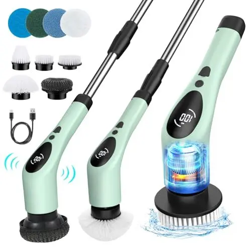 Produktbild: Nuovoware Elektrischer Spin Scrubber, Kabellose Elektrische Reinigungsbürste für Badezimmer mit 9 Bürstenköpfen, Dusch Power Scrubber Drehschrubber mit 3 Geschwindigkeiten & abnehmbarem langem Griff