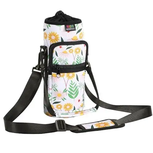 Produktbild: Nuovoware Flaschenhalter Trinkflasche Molle Beutel 750ml, Isolierte Neopren Kessel mit Schultergurt und Front Reißverschluss Tasche für Wandern Laufen Radfahren Jagd Reisen, Gelbes Gänseblümchen