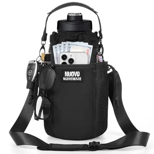 Produktbild: Nuovoware Wasserflasche Carrier Bag, 1800ml Isoliert Wasserflasche Halter mit Riemen Taschen, Wasserflasche Carrier Sling Bag für Wandern Camping Angeln Sport, Schwarz