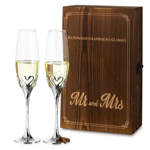 Produktbild: NUPTIO Hochzeitsgeschenke Sektgläser Silber Schwan: 2er Set Kristallgläser mit Holzkiste Geschenke für Brautpaar Hochzeit Verlobungsgeschenk