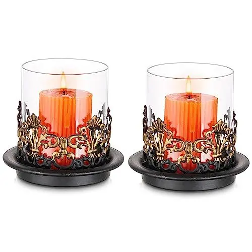 Produktbild: NUPTIO Stumpenkerzenhalter Schwarz Kerzenhalter Stumpenkerzen: 2 Stück Gothic kerzenleuchter Metall Glas für Weihnachten Ostern Thanksgiving Wohnzimmer Mantel Abendessen Tischdekoration Shabby Chic