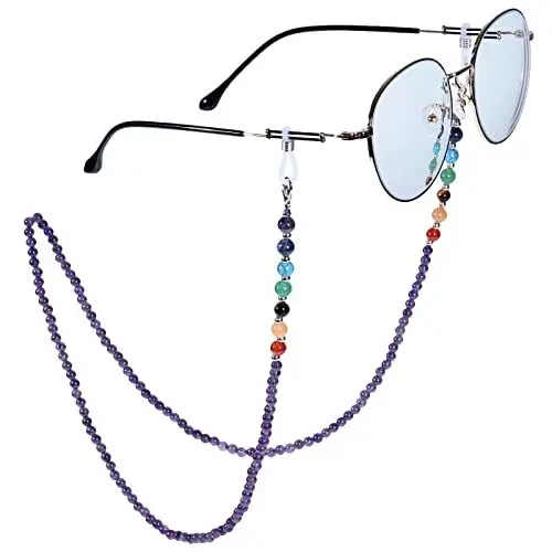 Produktbild: Nupuyai 7 Chakra Stein Perlen Brillenkette Damen Kristall Sonnenbrillenkette Gesichtsmaske Kette Edelstein Brillenband Brillenkordel Brillenhalter für Lesebrillen, Myopiebrille Amethyst