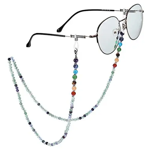 Produktbild: Nupuyai 7 Chakra Stein Perlen Brillenkette Damen Kristall Sonnenbrillenkette Gesichtsmaske Kette Edelstein Brillenband Brillenkordel Brillenhalter für Lesebrillen, Myopiebrille Fluorite