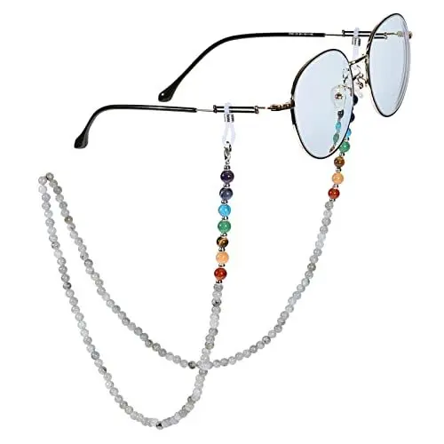 Produktbild: Nupuyai 7 Chakra Stein Perlen Brillenkette Damen Kristall Sonnenbrillenkette Gesichtsmaske Kette Edelstein Brillenband Brillenkordel Brillenhalter für Lesebrillen, Myopiebrille Labradorit