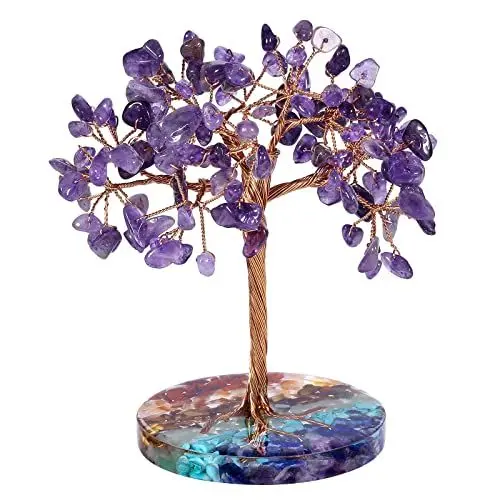 Produktbild: Nupuyai Kristall Edelstein Baum mit 7 Chakra Steine Harzbasis, Kupferdraht Geldbaum Feng Shui Bonsai Baum des Lebens Deko für Zuhause, Büro und Glück (Amethyst)