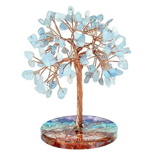 Produktbild: Nupuyai Kristall Edelstein Baum mit 7 Chakra Steine Harzbasis, Kupferdraht Geldbaum Feng Shui Bonsai Baum des Lebens Deko für Zuhause, Büro und Glück (Aquamarin)
