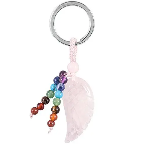 Produktbild: Nupuyai Kristall Engelsflügel Schlüsselanhänger mit 7 chakra stein Quaste Schlüsselring, Stein Schutzengel Flügel Anhänger Schlüsselbund für Taschenanhänger Glücksbringer Amulett (Rosenquarz)
