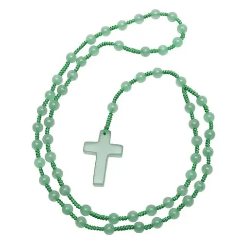 Produktbild: Nupuyai Kristall Kreuz Anhänger mit Grüner Aventurin Stein Rosenkranz Kette für Damen Herren, Katholische Edelstein Gebetskette Kreuz Halskette Heilstein Reiki Schmuck