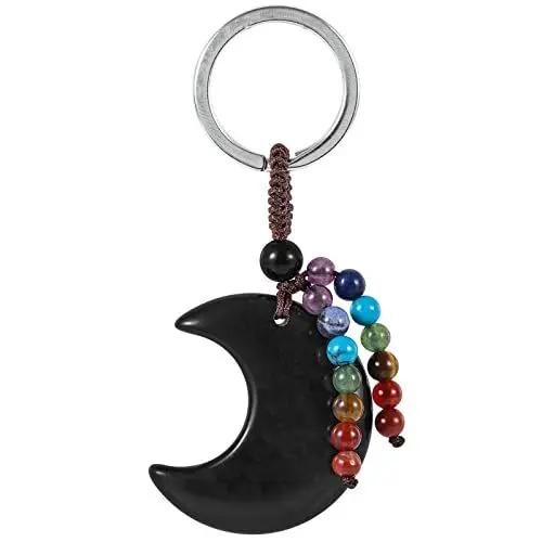 Produktbild: Nupuyai Kristall Mond Schlüsselanhänger mit 7 Chakra Stein Perlen Quaste Schlüsselring für Damen und Herren Halbmond Anhänger Schlüsselbund Taschenanhänger Glücksbringer Talisman Obsidian