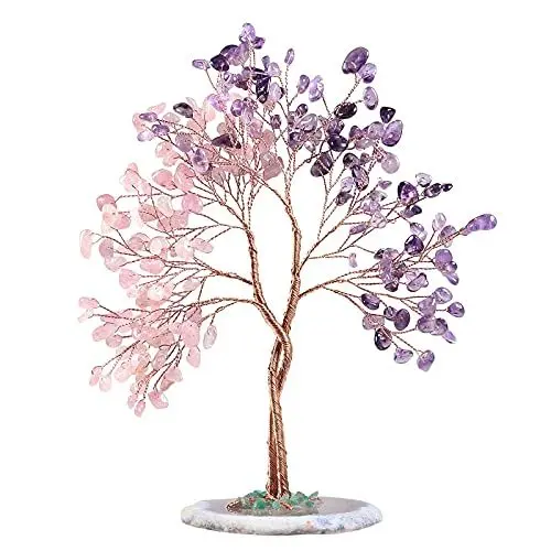 Produktbild: Nupuyai Kristallbaum Feng Shui Edelstein Baum, Glücksbaum, Geldbaum Geschenk, Hochzeit, Deko Wohnzimmer Schlafzimmer (Amethyst & Rosenquarz, Achat Scheibe Basis)