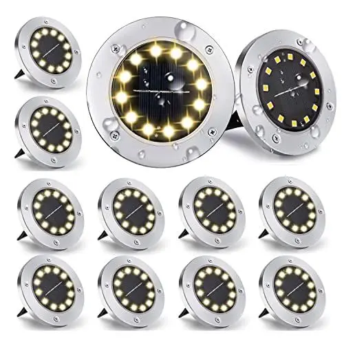 Produktbild: Nurkoo (12 Stücke) Solar Bodenleuchte Aussen, 12 LEDs Solarleuchten 800mAh Disk Lights Mit Upgrade Solarpanel Gartenleuchte Solarlampe Solar Strahler Deko für Rasen,Gehweg,Pool,Terrassen(WarmWeiß)