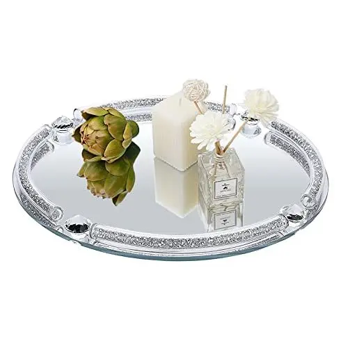 Produktbild: Nuscen Spiegeltablett,Schminktisch Deko,Glastablett Verspiegelte Unterseite,Crystal Tablett Spiegeltablett,Deko Silber,Anti-Rutsch-Design,Einfach zu säubern (Runden)…