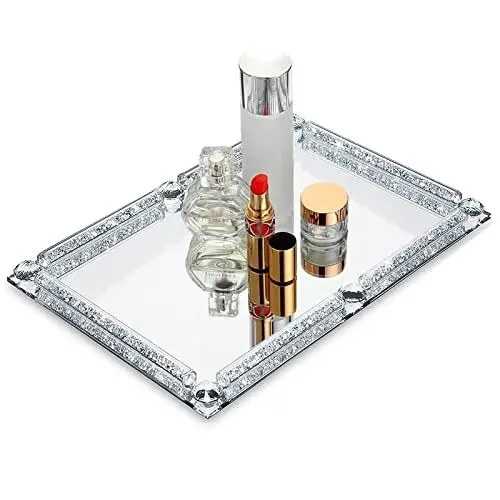 Produktbild: Nuscen Spiegeltablett,Schminktisch Deko,Glastablett Verspiegelte Unterseite,Crystal Tablett Spiegeltablett,Deko Silber,Anti-Rutsch-Design,Einfach zu säubern (Sliber)