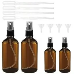 Produktbild: Nutabevr 4 Stück Braun Zerstäuber Sprühflasche, 2x100 ml + 2x50ml Sprühflasche Klein Glas mit trichte und tropferr, Glas Sprayflasche Leer, Sprühflaschen zum Befüllen Tragbares, für Kosmetik Öle