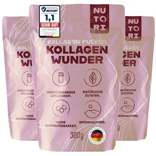 Produktbild: NUTORI - Kollagen Pulver 300 g - Typ I & III - optimale Bioverfügbarkeit und Löslichkeit - Weidehaltung - Kollagen Hydrolysat Peptide - Produziert & laborgeprüft in Deutschland - 3 Stück