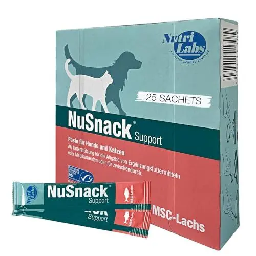 Produktbild: NutriLabs NuSnack® Hunde & Katzen Snacks 25 Sachets à 10 g - Abgabehilfe-Snack für Hunde & Katzen - Leckerli mit Lachsgeschmack - Leckereien für Katzen & Hunde für Medikamente etc.