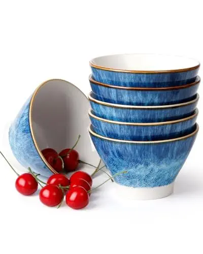 Produktbild: NUTRIUPS Japanische 400ml Keramikschüssel 6er Set, 12.5cm Kleine Dessertschüsseln, Blaue Müslischüsseln, Eisschüsseln, mikrowellengeeignet