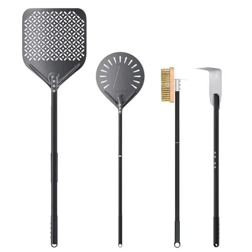 Produktbild: NUTUNI 12 Zoll Perforierter Pizzaschieber 9 Zoll Pizzaschaufel aus Hart Eloxiertes Aluminium, 4er Pizzaofen-Set, Pizzaofenbürste, Ascherechen, Holzofen Pizzaofen Zubehör für Zuhause, Restaurant
