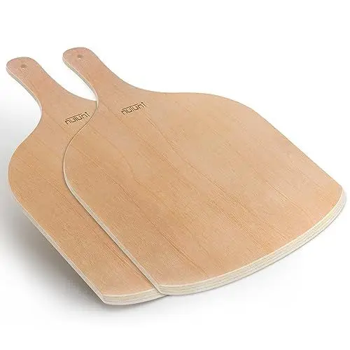 Produktbild: NUTUNI Pizzaschieber aus Holz 2er-Set, Schneidebrett für Pizzaofen, Stein, Pfanne oder Grill, Pizza-Wender zum Backen von Brot und Kuchen drinnen & draußen