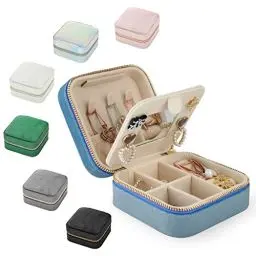 Produktbild: NUZEKY Reise Schmuckkästchen, Schmuck Reiseetui für Damen Schmuckkästchen Klein Samt Schmuckaufbewahrung Schmucktasch für Reisen Ringe Ohrringe Halsketten Ohrstecker-Schmuck Organizers(Blau)